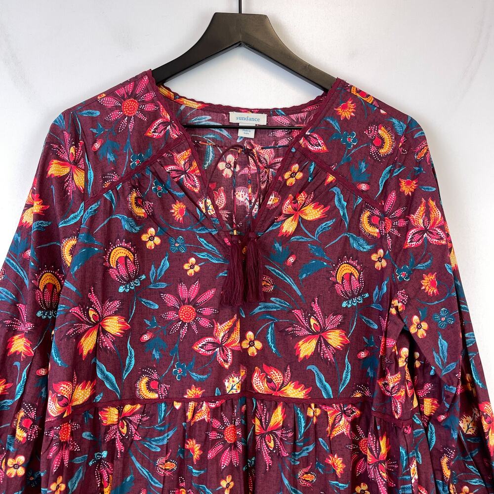 Sundance PM Petite M Cotton Floral Shift Maroon Red Dress A-Line 3/4 Sleeve - Picture 2 of 11